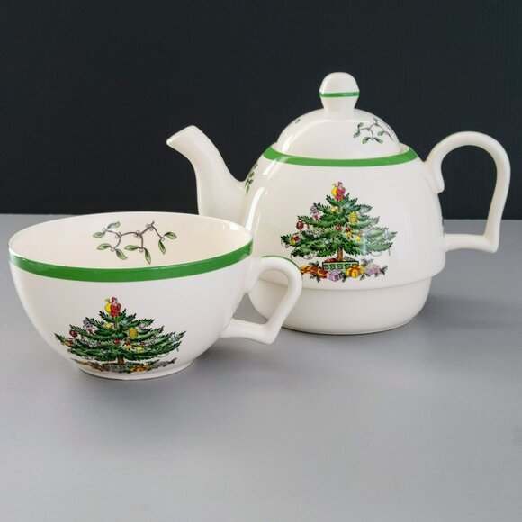 Spode Christmas Tree Cheer Tea For One Festive Holiday Tea Set & Original Box - Picture 3 of 6